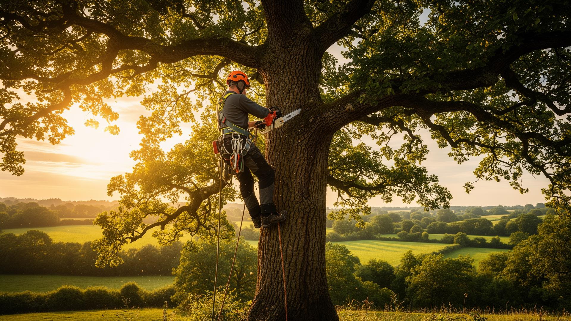 Professional arborist climbing a large oak tree in the Staffordshire countryside